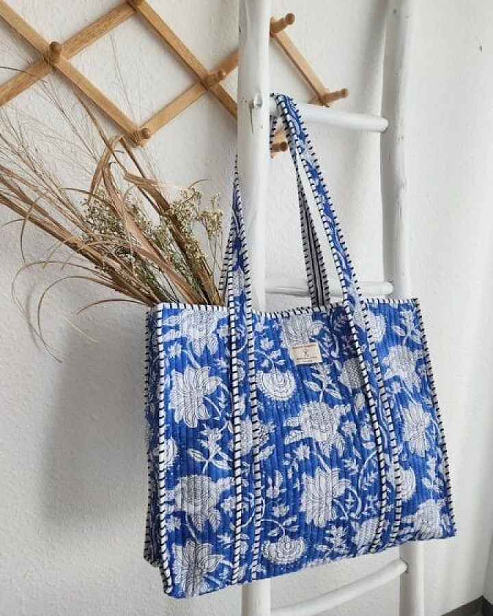 Haus of Namaste Klassische Tragetasche aus 100 % Bio-Baumwolle mit blauem Blockdruck