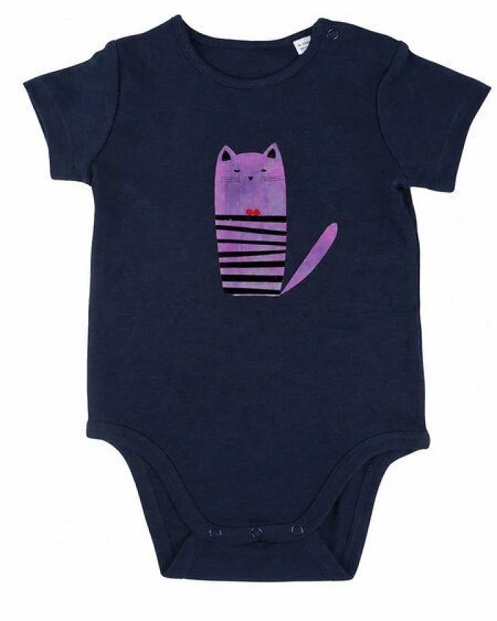 MELAdi Kinder Baby - Body aus Biobaumwolle - Katze auf Navy Blue