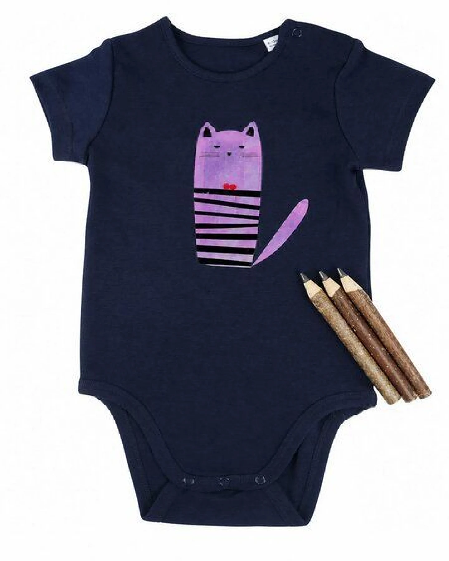MELAdi Kinder Baby - Body aus Biobaumwolle - Katze auf Navy Blue – Ansicht 2