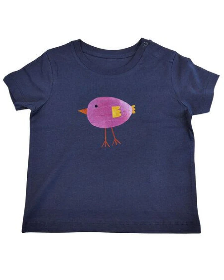 Meladi Kinder Baby-Shirt aus Biobaumwolle - Vogel Rosa auf Navy Blue