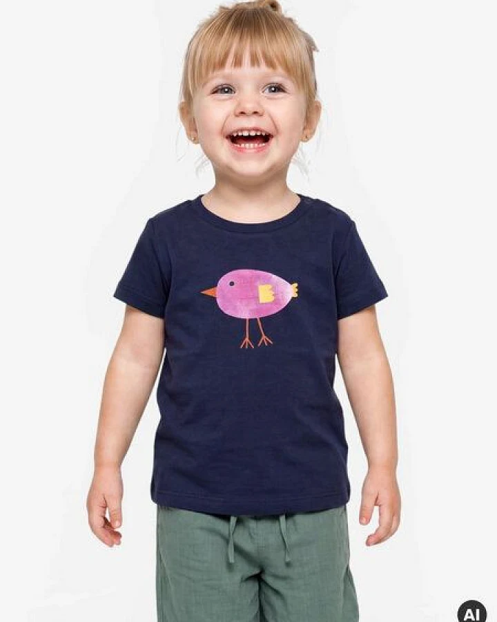 MELAdi Kinder Baby - Shirt aus Biobaumwolle - Vogel Rosa auf Navy Blue
