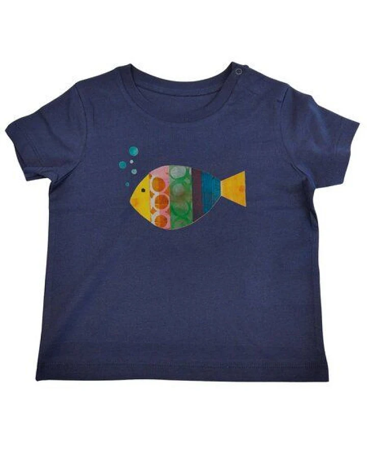 Meladi Kinder Baby-Shirt aus Biobaumwolle - Fisch auf Navy Blue