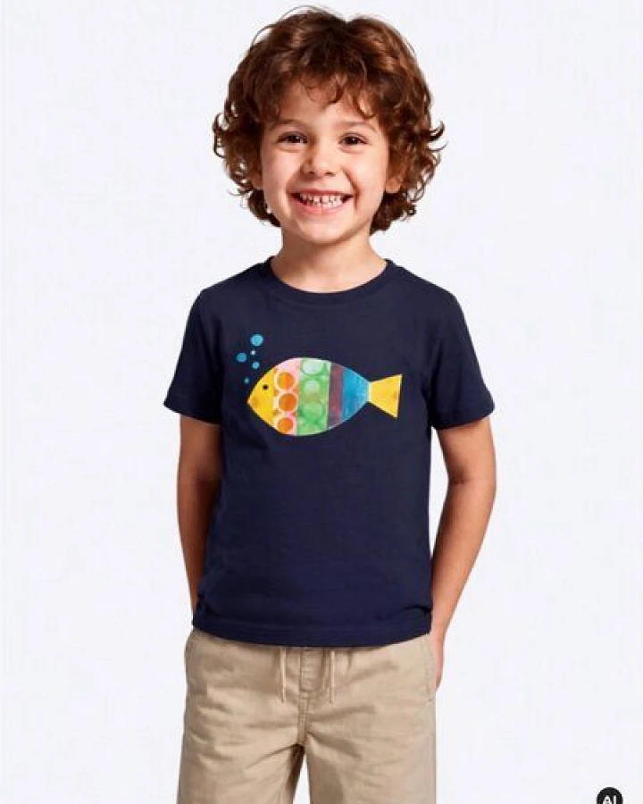 MELAdi Kinder Baby - Shirt aus Biobaumwolle - Fisch auf Navy Blue