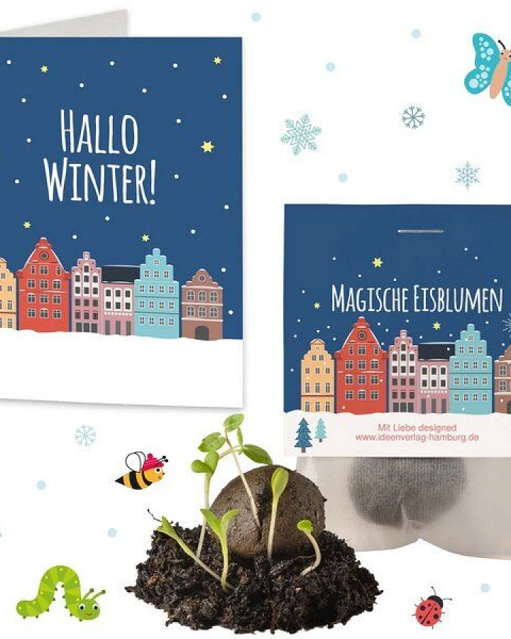 Ideenverlag Hamburg 10 „Winterlandschaft“ Samenbomben im Tütchen mit Kaltkeimer-Saatgut + 10 Gratis Geschenk Grußkarten / Weihnachtsgruß/Wichtelgeschenk/Weihnachtsgeschenk