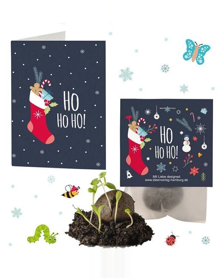 Ideenverlag Hamburg 4x „HoHoHo“ Samenbomben im Tütchen mit Kaltkeimer-Saatgut + 4x Gratis Geschenk Grußkarten / Weihnachtsgruß/Wichtelgeschenk/Weihnachtsgeschenk