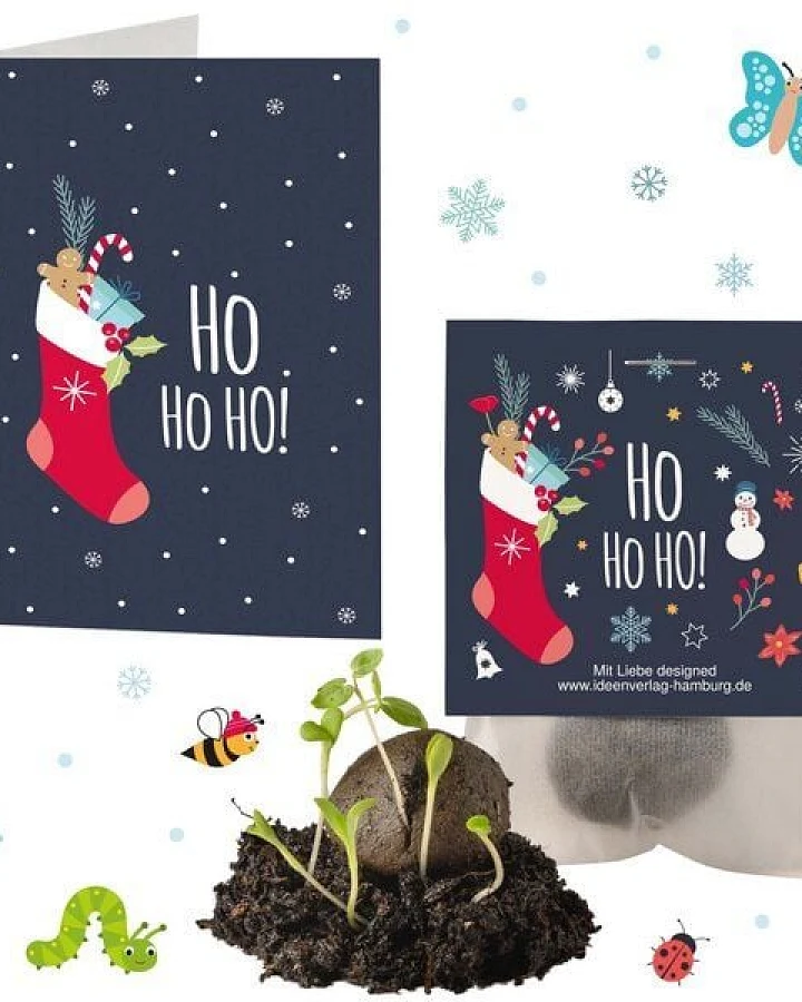 Ideenverlag Hamburg 4x „HoHoHo“ Samenbomben im Tütchen mit Kaltkeimer-Saatgut + 4x Gratis Geschenk Grußkarten / Weihnachtsgruß/Wichtelgeschenk/Weihnachtsgeschenk
