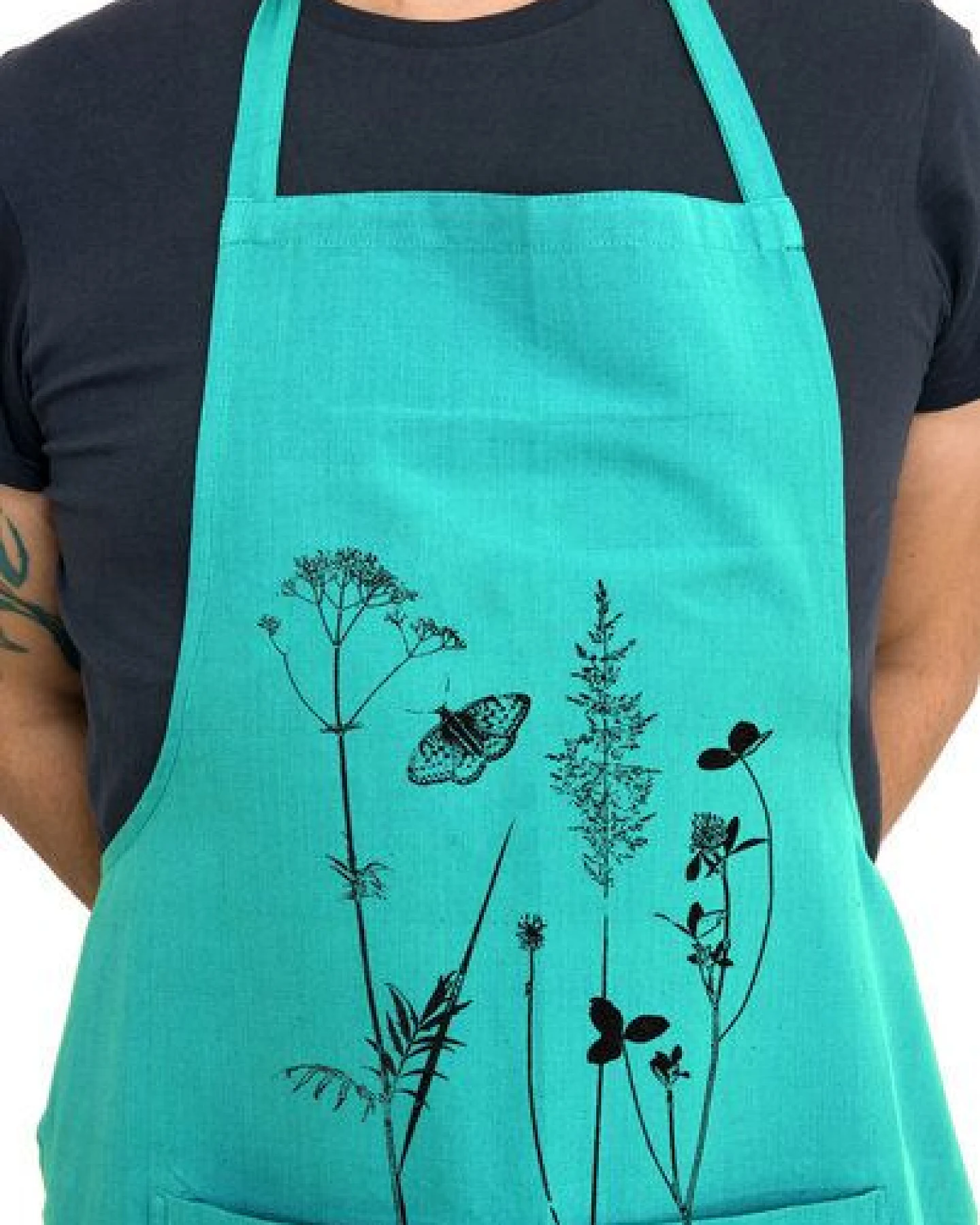Hirschkind Bio-Kochschürze handgewebt Fair-Trade "Schmetterlingswiese" türkis – Ansicht 3