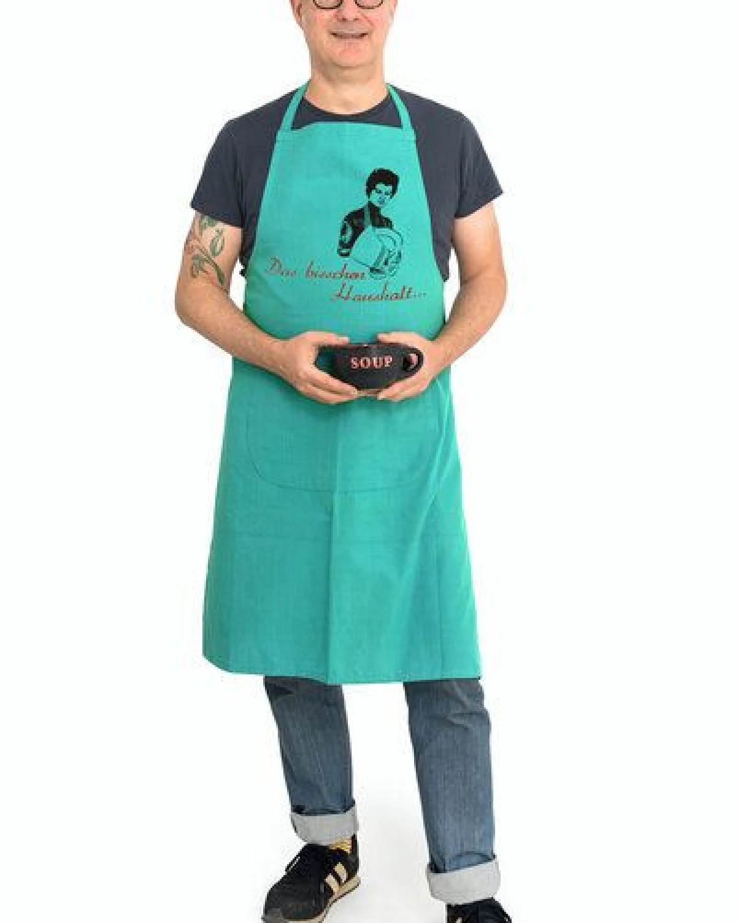 Hirschkind Bio-Kochschürze handgewebt Fair-Trade "Das bisschen Haushalt..." türkis – Ansicht 2
