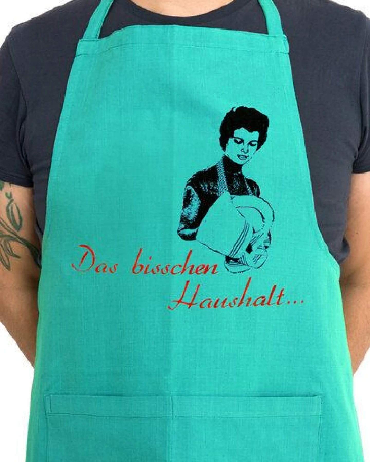 Hirschkind Bio-Kochschürze handgewebt Fair-Trade "Das bisschen Haushalt..." türkis – Ansicht 3