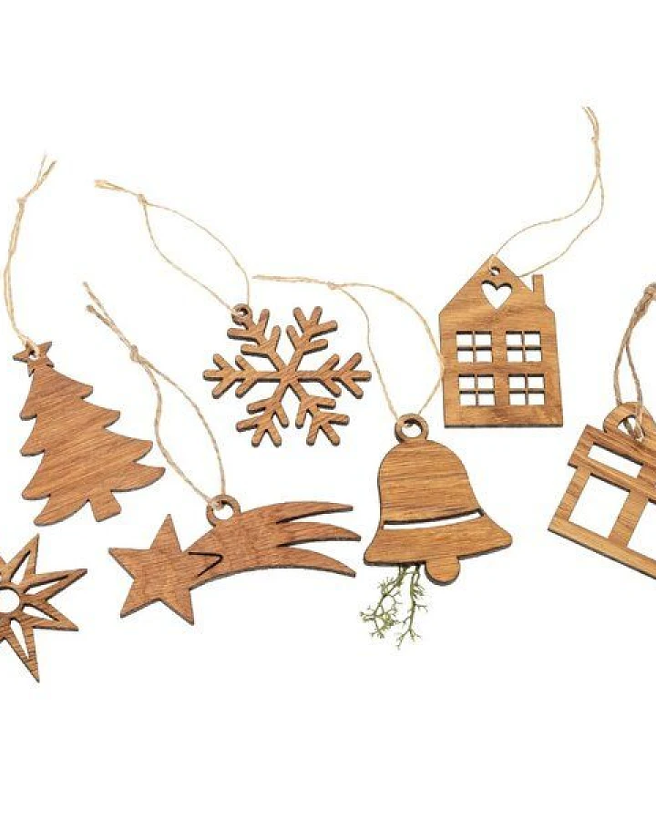 ReineNatur Weihnachtsbaumanhänger - Weihnachtsdeko - 7-tlg. Set aus Eichenholz - mit Hanfkordel