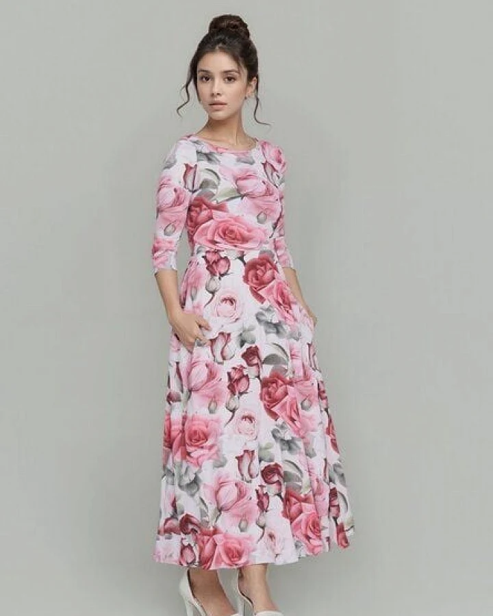Ingoria AMELIA zeitloses Maxi-Wendekleid mit Taillenschnürung 3/4 Arm (Print)