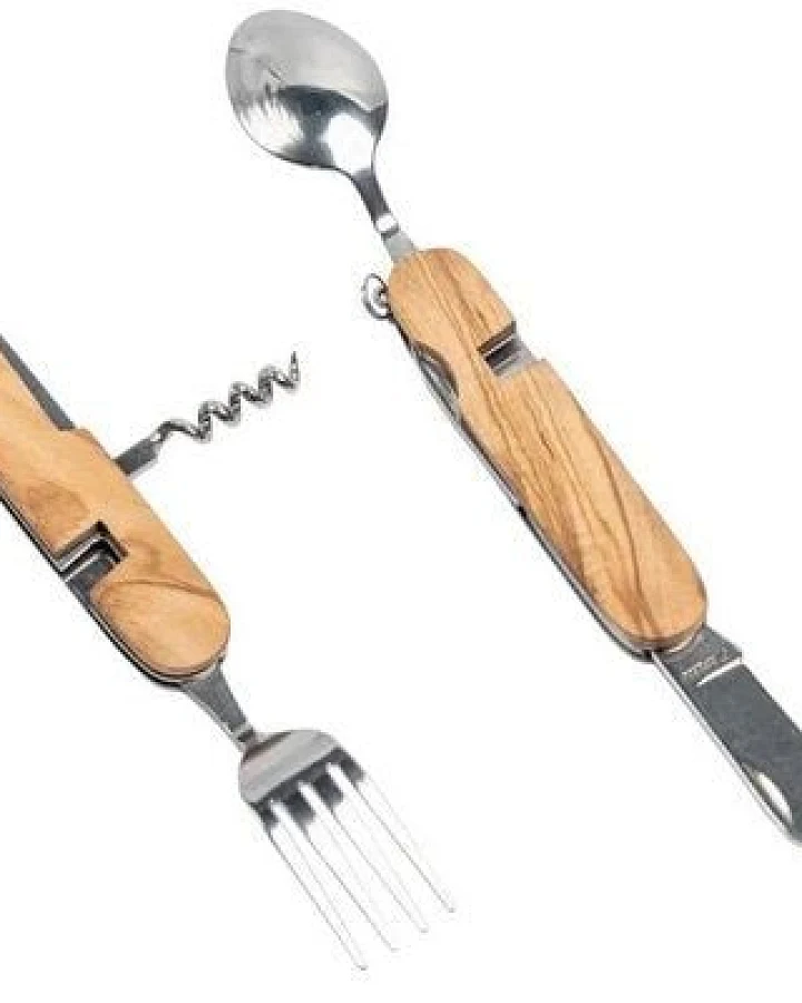 Cameleon Pack Praktisches Natur Camping Besteck *8 in 1* Edelstahl + Hochwertiges Olivenholz * Mit Geschenkbox * Outdoor Reise Set
