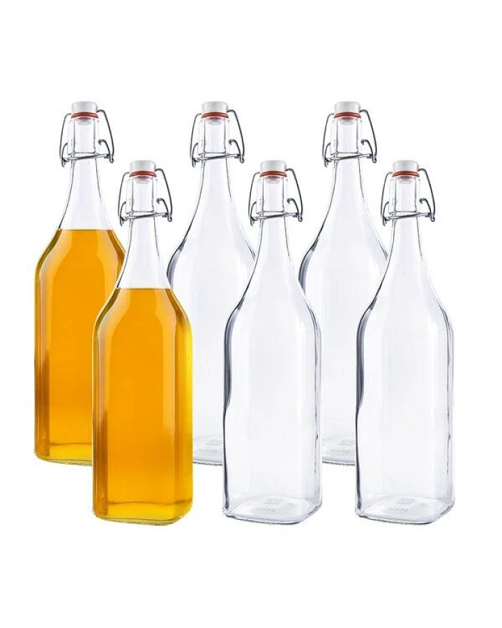 mikken 6er Set Glasflasche eckig mit Bügelverschluss 1000 ml Bügelflasche