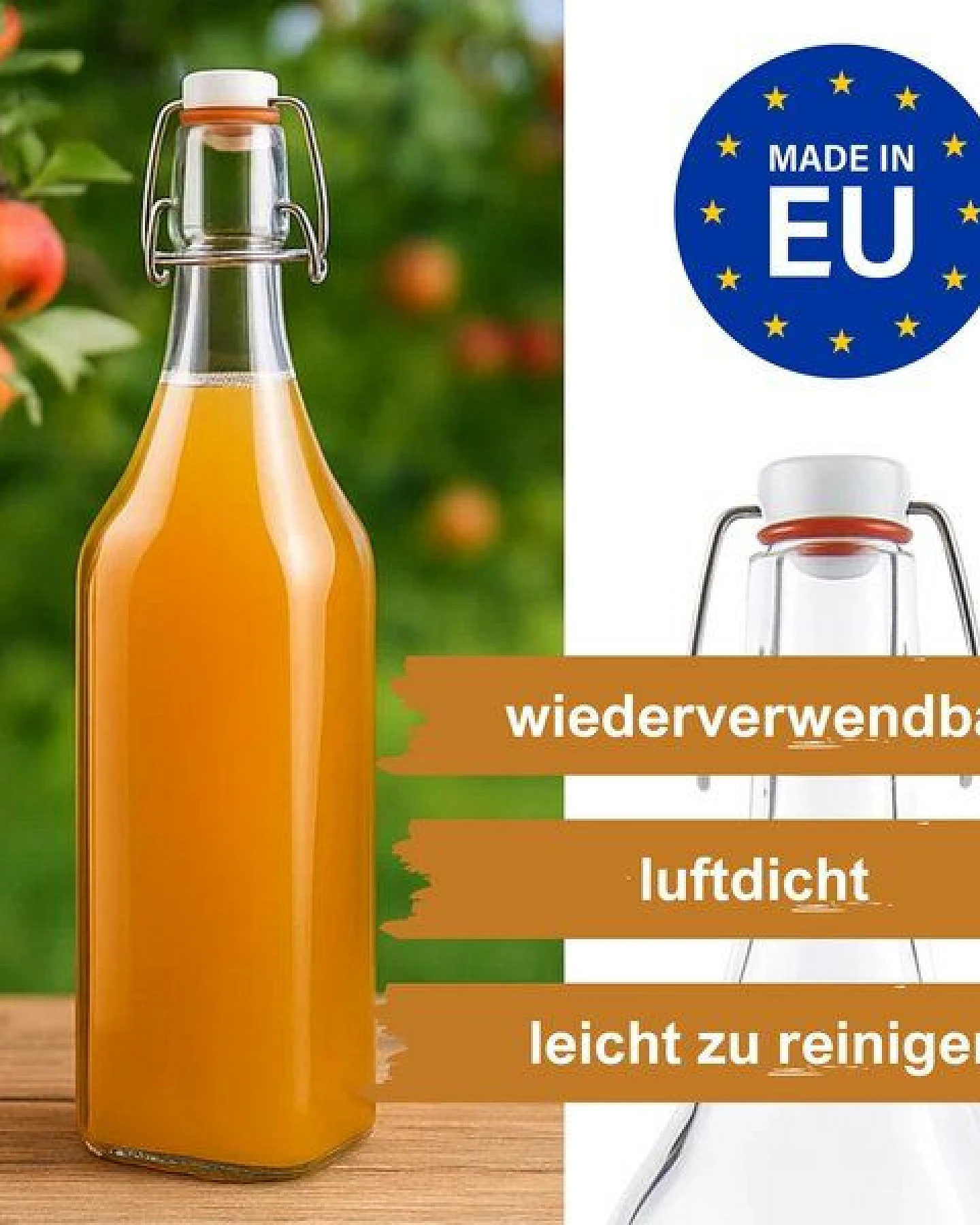 mikken 6er Set Glasflasche eckig mit Bügelverschluss 1000 ml Bügelflasche – Ansicht 2