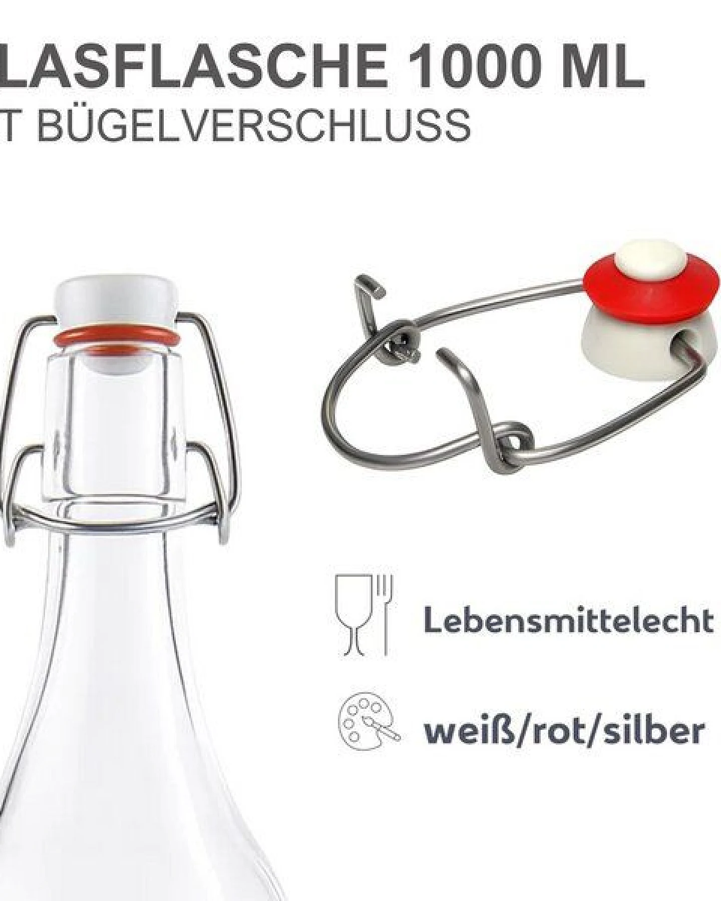 mikken 6er Set Glasflasche eckig mit Bügelverschluss 1000 ml Bügelflasche – Ansicht 3