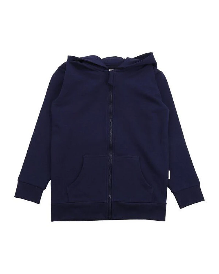 Kinder Sweatjacke GOTS zertifiziert, Bio-Baumwolle, dunkelblau, „Abyssal Depths“, Kapuze, weich – Walkiddy