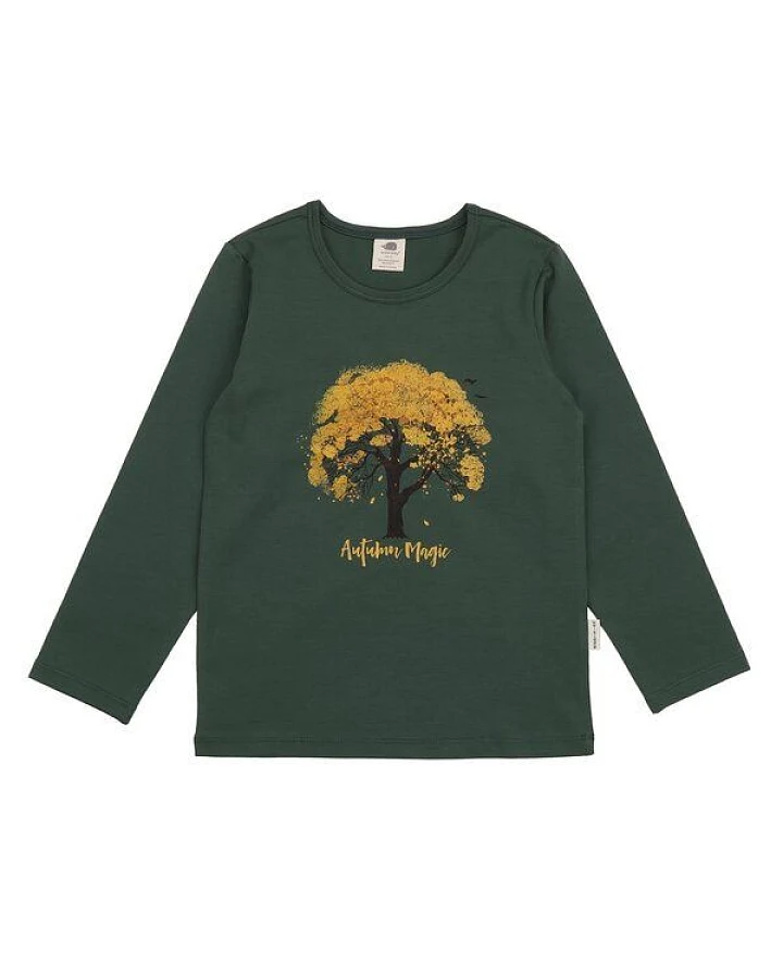 Kinder Langarmshirt GOTS zertifiziert, dunkelgrün, „Autumn Leaves“ Frontprint, Bio-Baumwolle, weich – Walkiddy