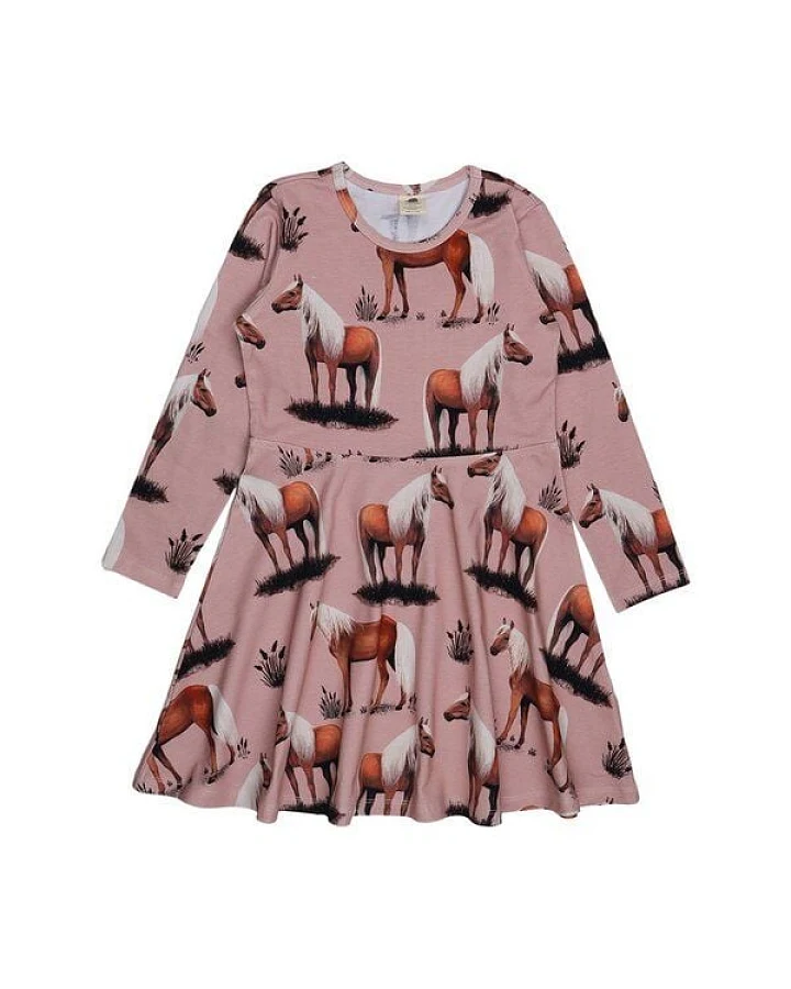 Kinder Kleid Bio-Baumwolle Beauty Horses von Walkiddy, GOTS-zertifiziertes, veganes Langarmkleid mit Pferdemotiv, weich und hautfreundlich, ideal für sensible Kinderhaut im Alltag, Kindergarten und zu Festen