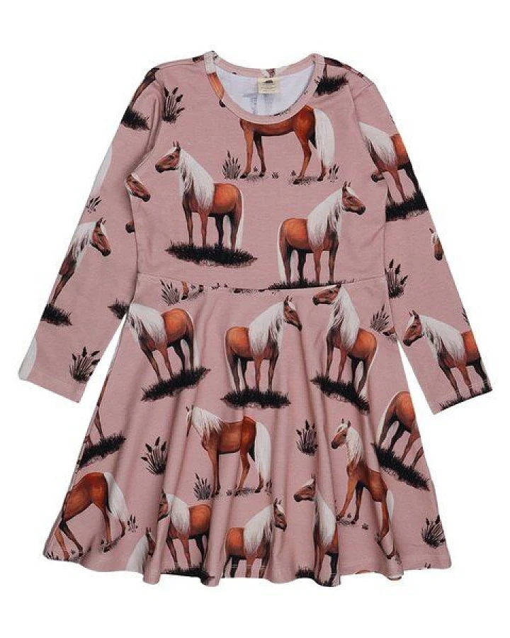 Langarmkleid Rosa Pferde-Allover Bio-Baumwolle GOTS – Walkiddy