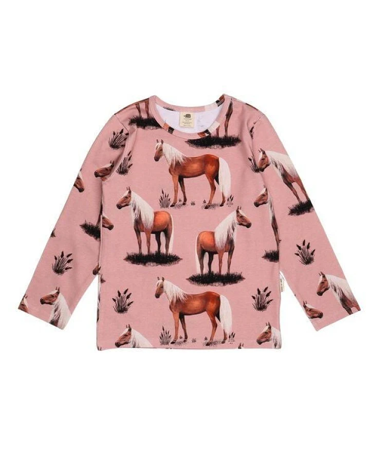 Langarmshirt Kinder Bio-Baumwolle Beauty Horses rosa GOTS zertifiziert weiches Jerseyshirt von Walkiddy für Mädchen hautfreundlich vegan nachhaltige Pferdemotiv Mode für Alltag Kita Schule