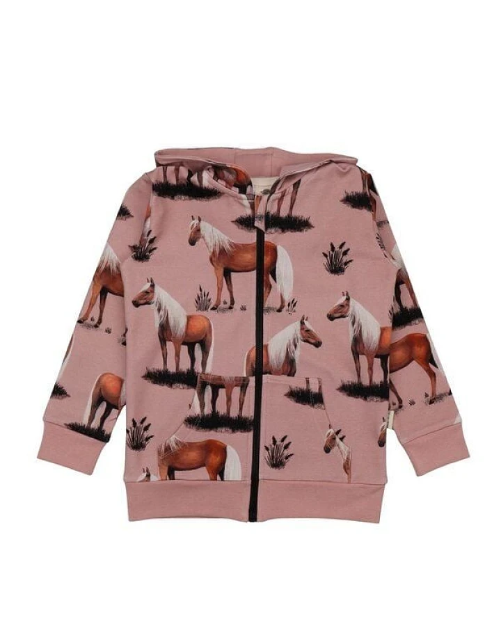 Kinder Sweatjacke GOTS-zertifiziert aus Bio-Baumwolle mit Pferde-Muster in Altrosa, Walkiddy