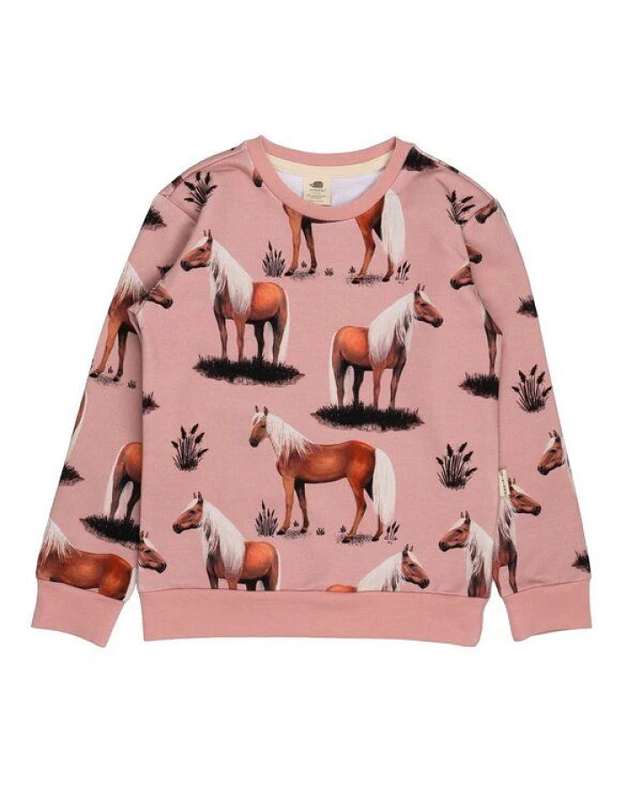 Kinder Sweatshirt Bio-Baumwolle GOTS "Beauty Horses" rosa – veganes, fair produziertes Walkiddy Pferde-Sweatshirt, kuschelig für pferdebegeisterte Kids im Alltag und in der Schule
