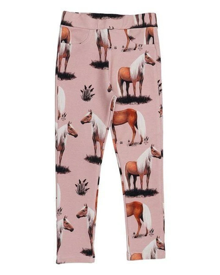 Kinder Sweat-Leggings GOTS-zertifiziert aus Bio-Baumwolle, rosé mit Pferde-Print, elastischer Bund – Walkiddy, weich & bequem für jeden Tag