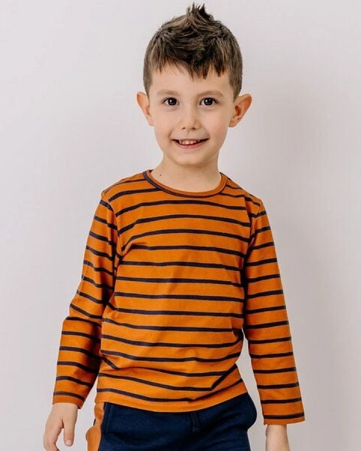 Kinder Langarmshirt GOTS-zertifiziert aus Bio-Baumwolle braun-orange gestreift – Walkiddy
