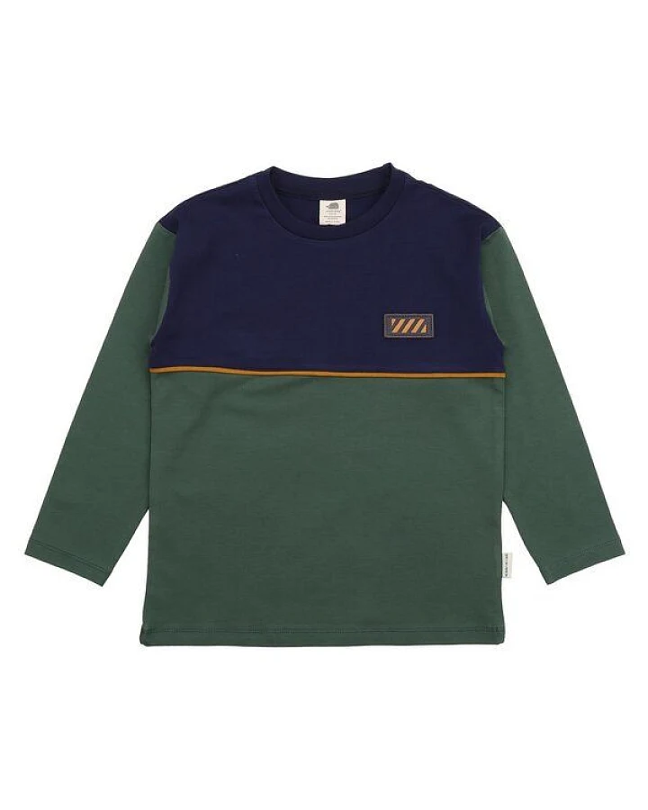 Kinder Langarmshirt GOTS-zertifiziert aus Bio-Baumwolle, Farbblock-Design dunkelblau/grün mit kleinem Motiv – Walkiddy, weich & alltagstauglich