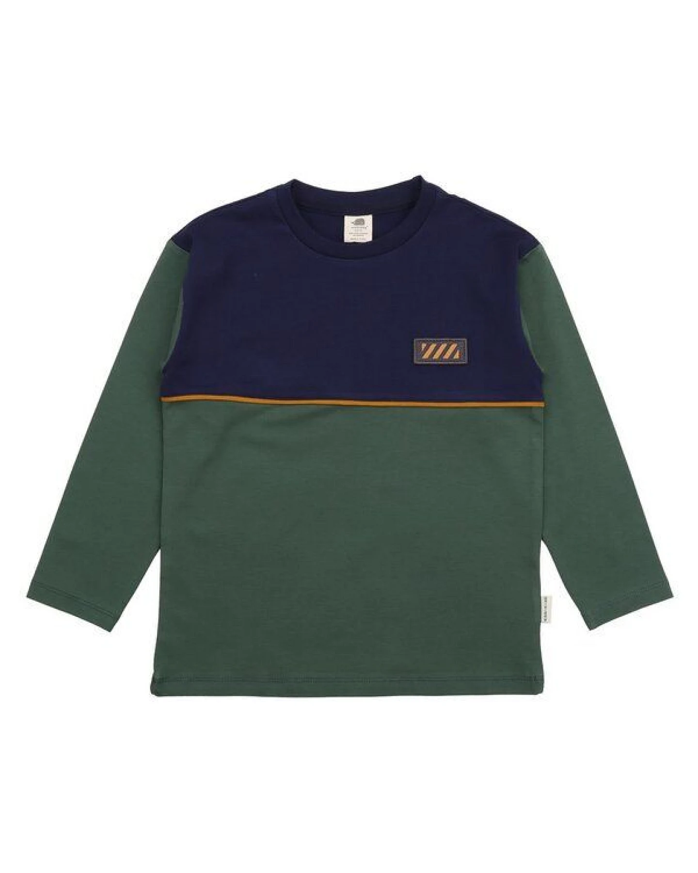 Kinder Langarmshirt GOTS-zertifiziert aus Bio-Baumwolle, Farbblock-Design dunkelblau/grün mit kleinem Motiv – Walkiddy, weich & alltagstauglich – Ansicht 2