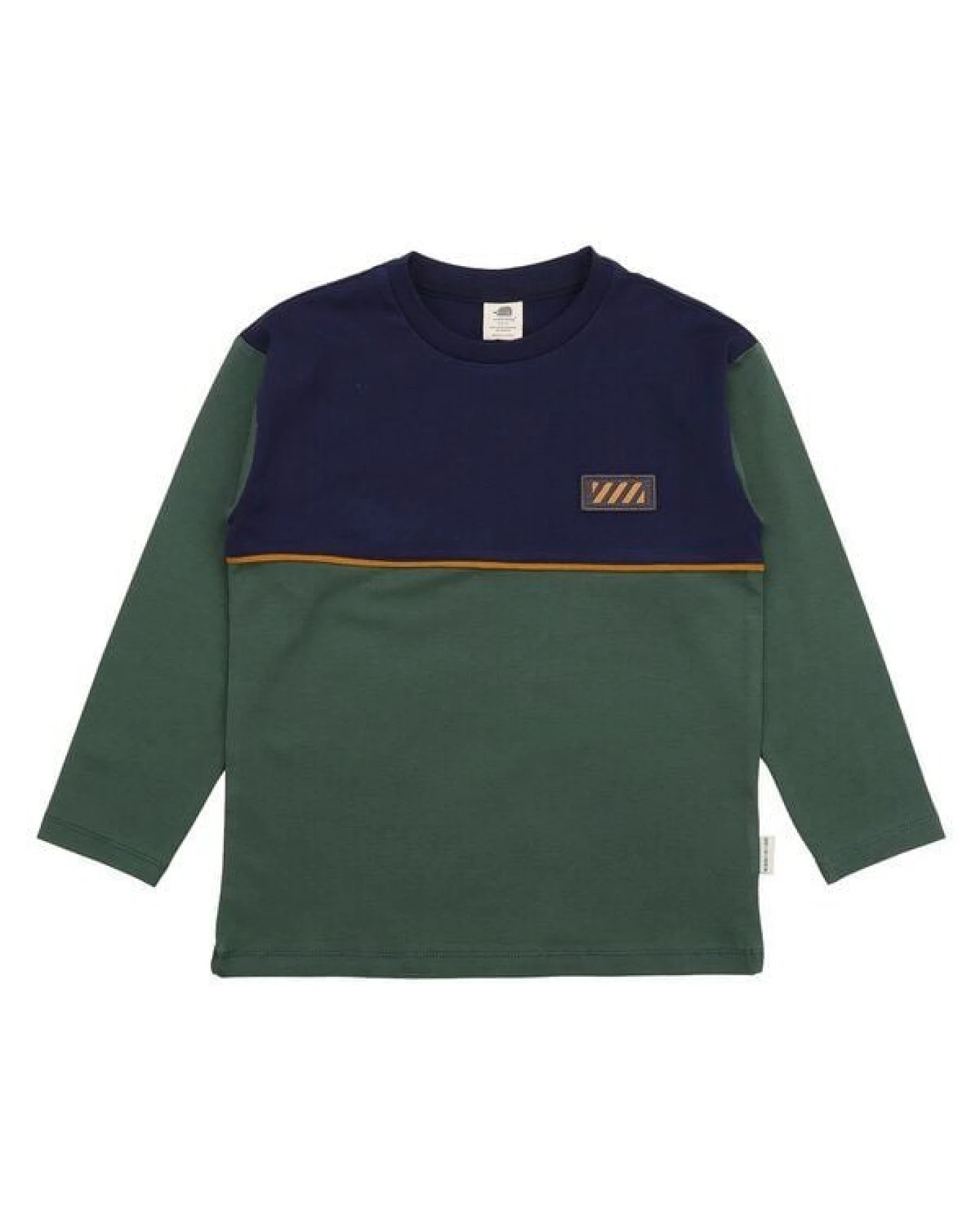 Kinder Langarmshirt GOTS-zertifiziert aus Bio-Baumwolle, Farbblock-Design dunkelblau/grün mit kleinem Motiv – Walkiddy, weich & alltagstauglich – Ansicht 2
