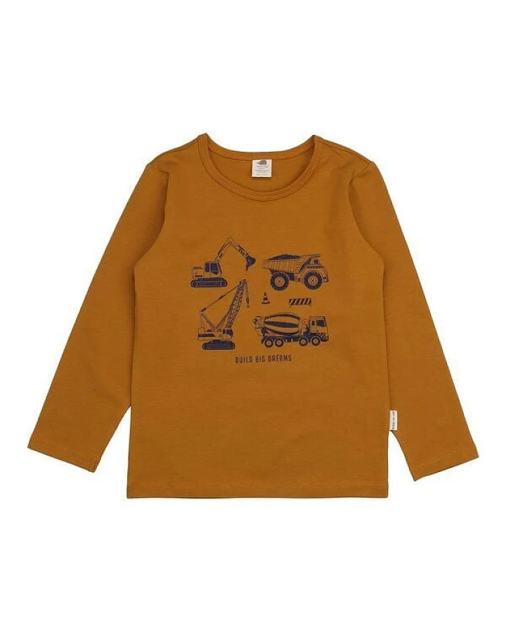 Kinder Langarmshirt GOTS-zertifiziert aus Bio-Baumwolle karamellbraun mit Fahrzeuge-Motiv „Crazy Machines“ – Walkiddy