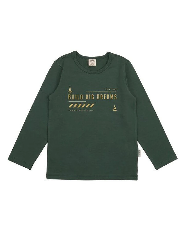 Kinder Langarmshirt GOTS zertifiziert – Bio-Baumwolle, Dunkelgrün mit Maschinen-Print