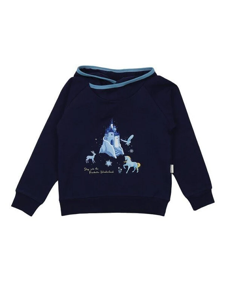 Kinder Kapuzenpullover GOTS-zertifiziert aus Bio-Baumwolle dunkelblau mit Fantasie-Motiv „Wonderland“ – Walkiddy