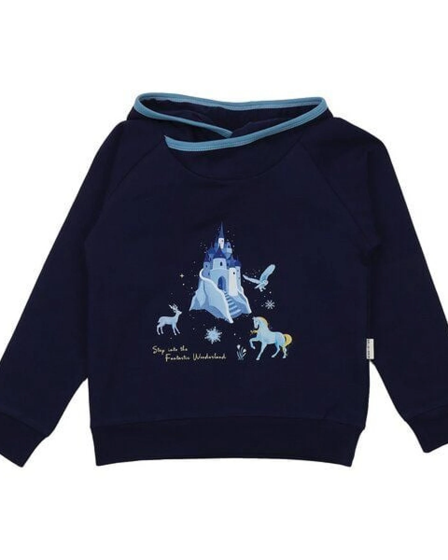 Kinder Kapuzenpullover GOTS-zertifiziert aus Bio-Baumwolle dunkelblau mit Fantasie-Motiv „Wonderland“ – Walkiddy – Ansicht 2
