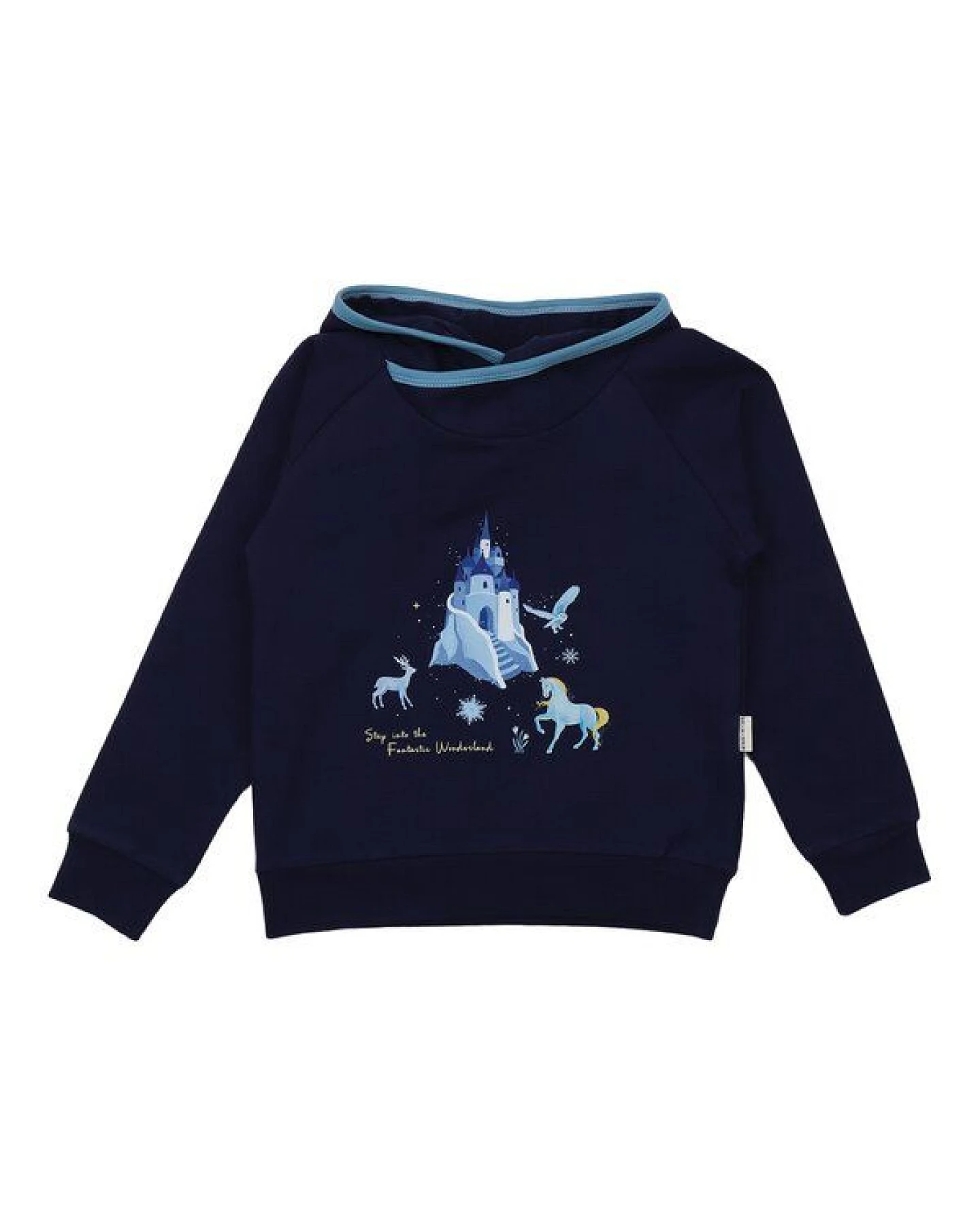 Kinder Kapuzenpullover GOTS-zertifiziert aus Bio-Baumwolle dunkelblau mit Fantasie-Motiv „Wonderland“ – Walkiddy – Ansicht 2