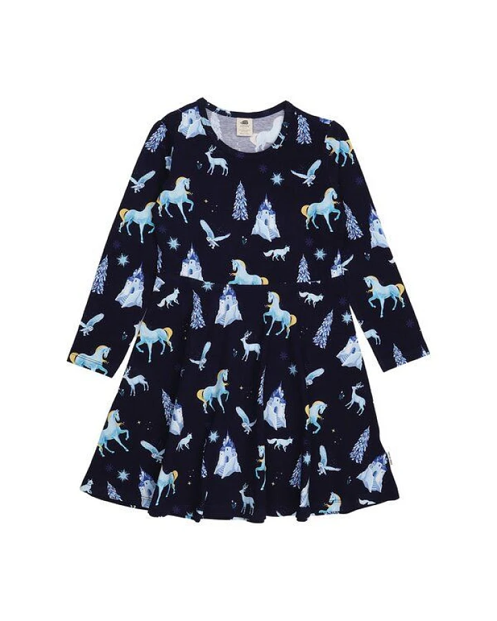 Kinder Langarmkleid Bio-Baumwolle GOTS "Fantastic Wonderland" dunkelblau – veganes, fair produziertes Walkiddy Kleid mit verspieltem Alloverprint für Alltag, Kita und Feste