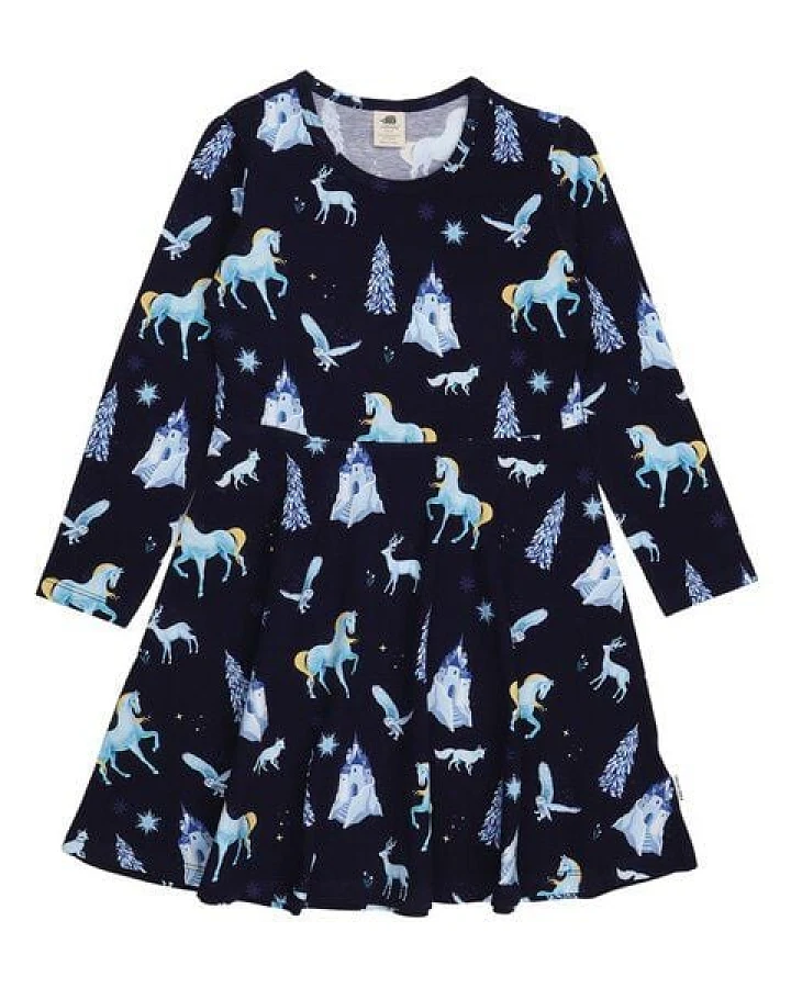 Kinder Langarmkleid Bio-Baumwolle GOTS "Fantastic Wonderland" dunkelblau – veganes, fair produziertes Walkiddy Kleid mit verspieltem Alloverprint für Alltag, Kita und Feste