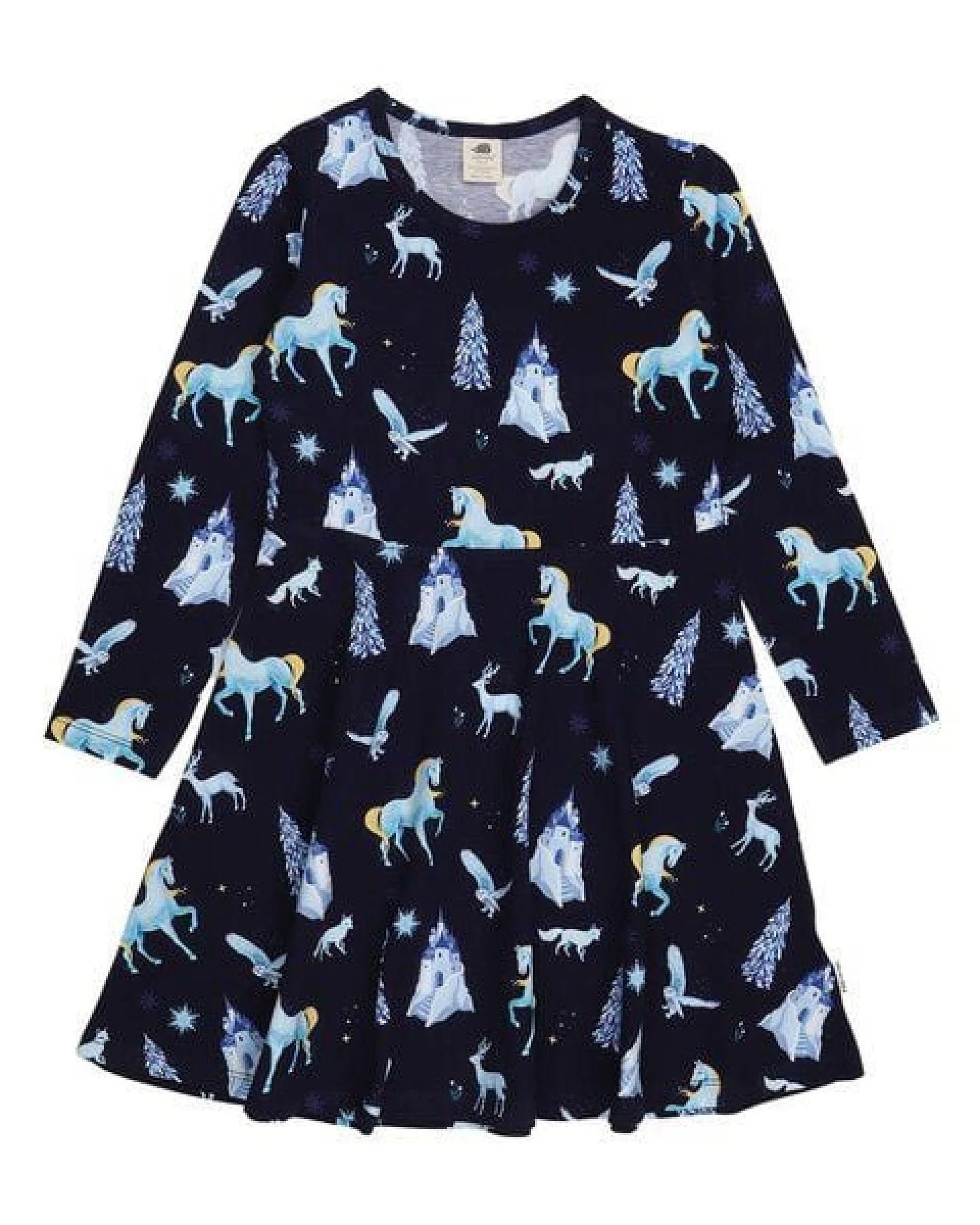 Kinder Langarmkleid Bio-Baumwolle GOTS "Fantastic Wonderland" dunkelblau – veganes, fair produziertes Walkiddy Kleid mit verspieltem Alloverprint für Alltag, Kita und Feste – Ansicht 2