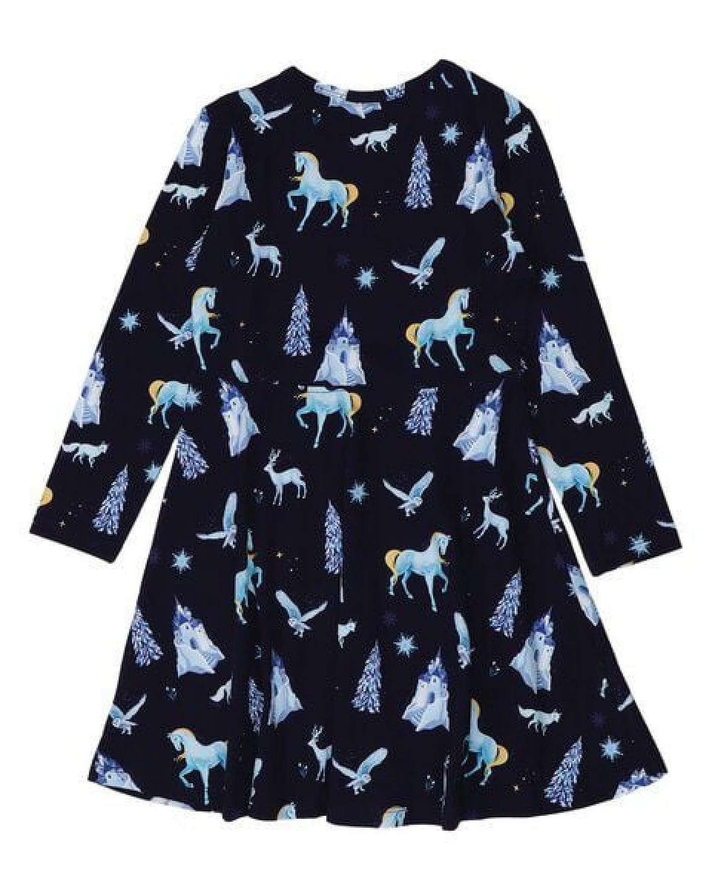 Kinder Langarmkleid Bio-Baumwolle GOTS "Fantastic Wonderland" dunkelblau – veganes, fair produziertes Walkiddy Kleid mit verspieltem Alloverprint für Alltag, Kita und Feste – Ansicht 3