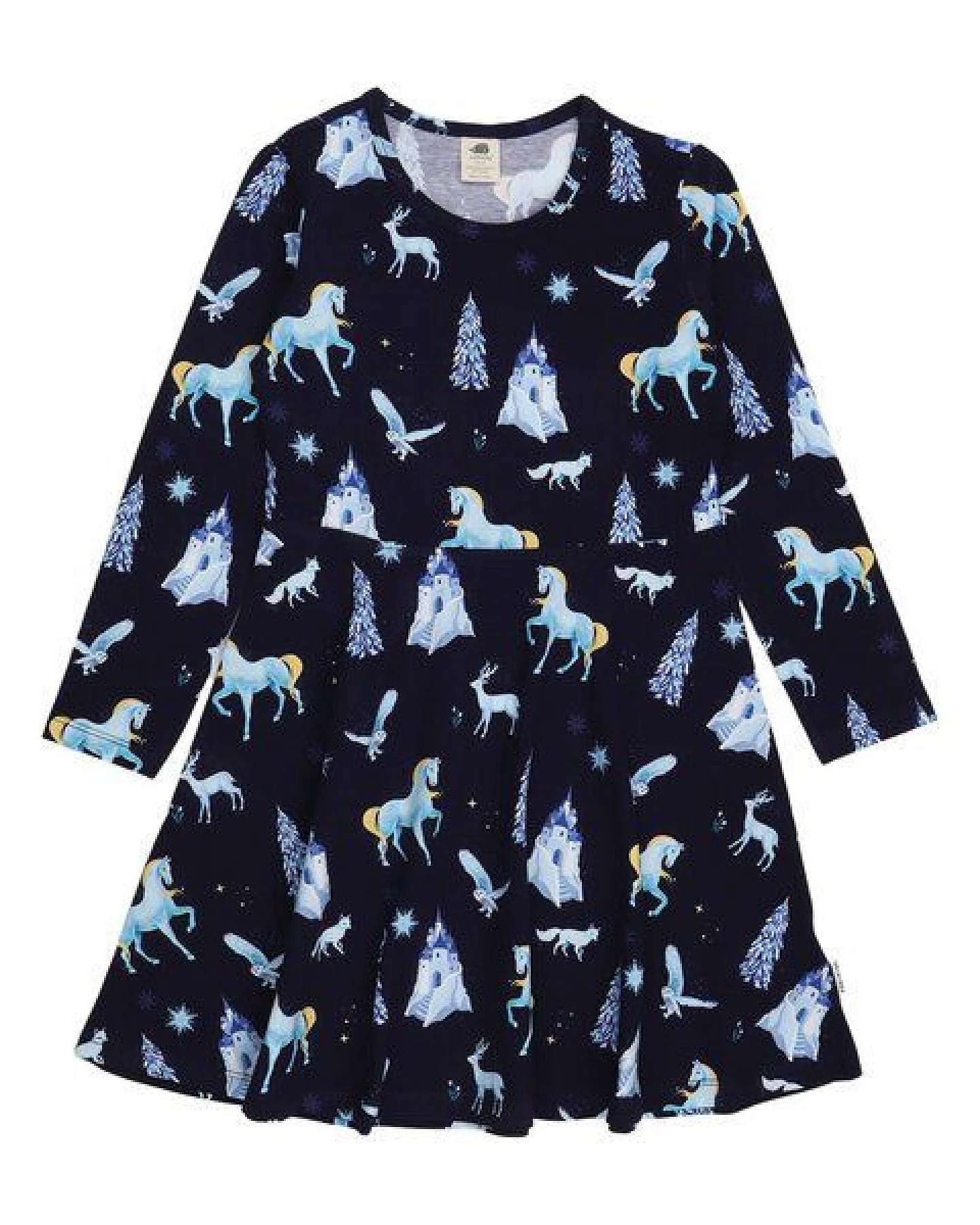 Kinder Langarmkleid Bio-Baumwolle GOTS "Fantastic Wonderland" dunkelblau – veganes, fair produziertes Walkiddy Kleid mit verspieltem Alloverprint für Alltag, Kita und Feste – Ansicht 2