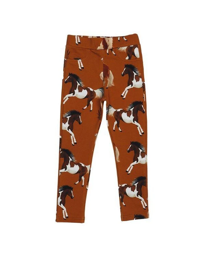 Kinder Sweat-Leggings GOTS-zertifiziert aus Bio-Baumwolle, braun mit Pferde-Print, elastischer Bund – Walkiddy, weich & bequem für jeden Tag