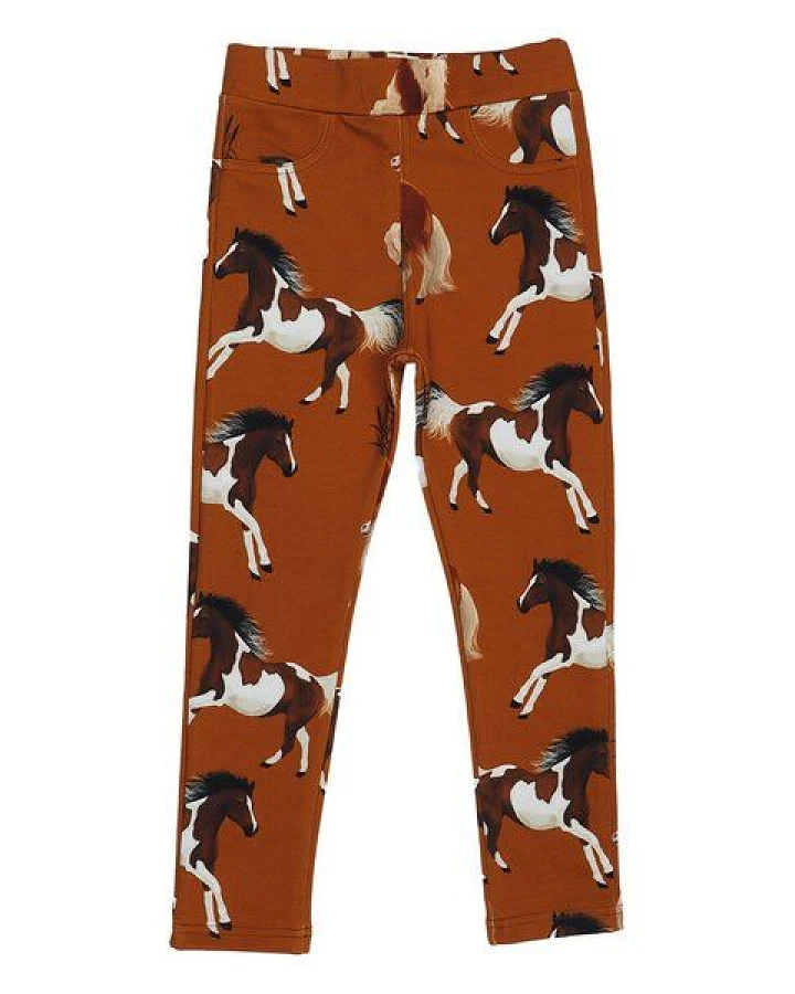 Kinder Sweat-Leggings GOTS-zertifiziert aus Bio-Baumwolle, braun mit Pferde-Print, elastischer Bund – Walkiddy, weich & bequem für jeden Tag