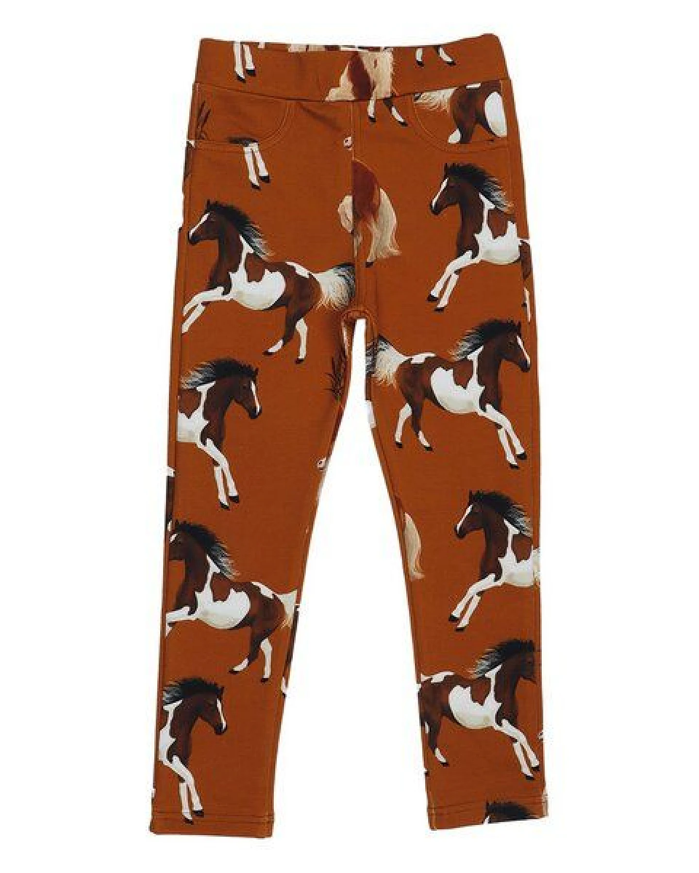 Kinder Sweat-Leggings GOTS-zertifiziert aus Bio-Baumwolle, braun mit Pferde-Print, elastischer Bund – Walkiddy, weich & bequem für jeden Tag – Ansicht 2