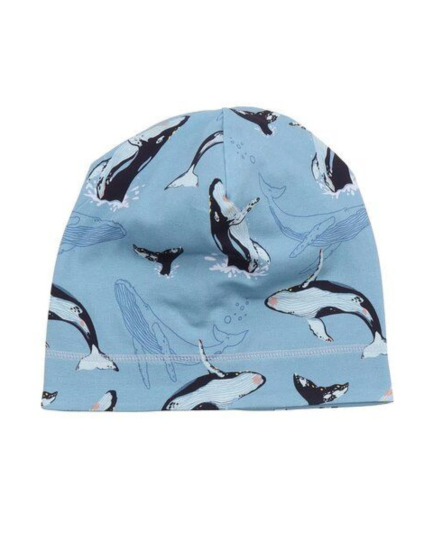 Kinder Mütze GOTS-zertifiziert aus Bio-Baumwolle, hellblau Jumping Whales, weicher Jersey, dehnbar – Walkiddy – Ansicht 2