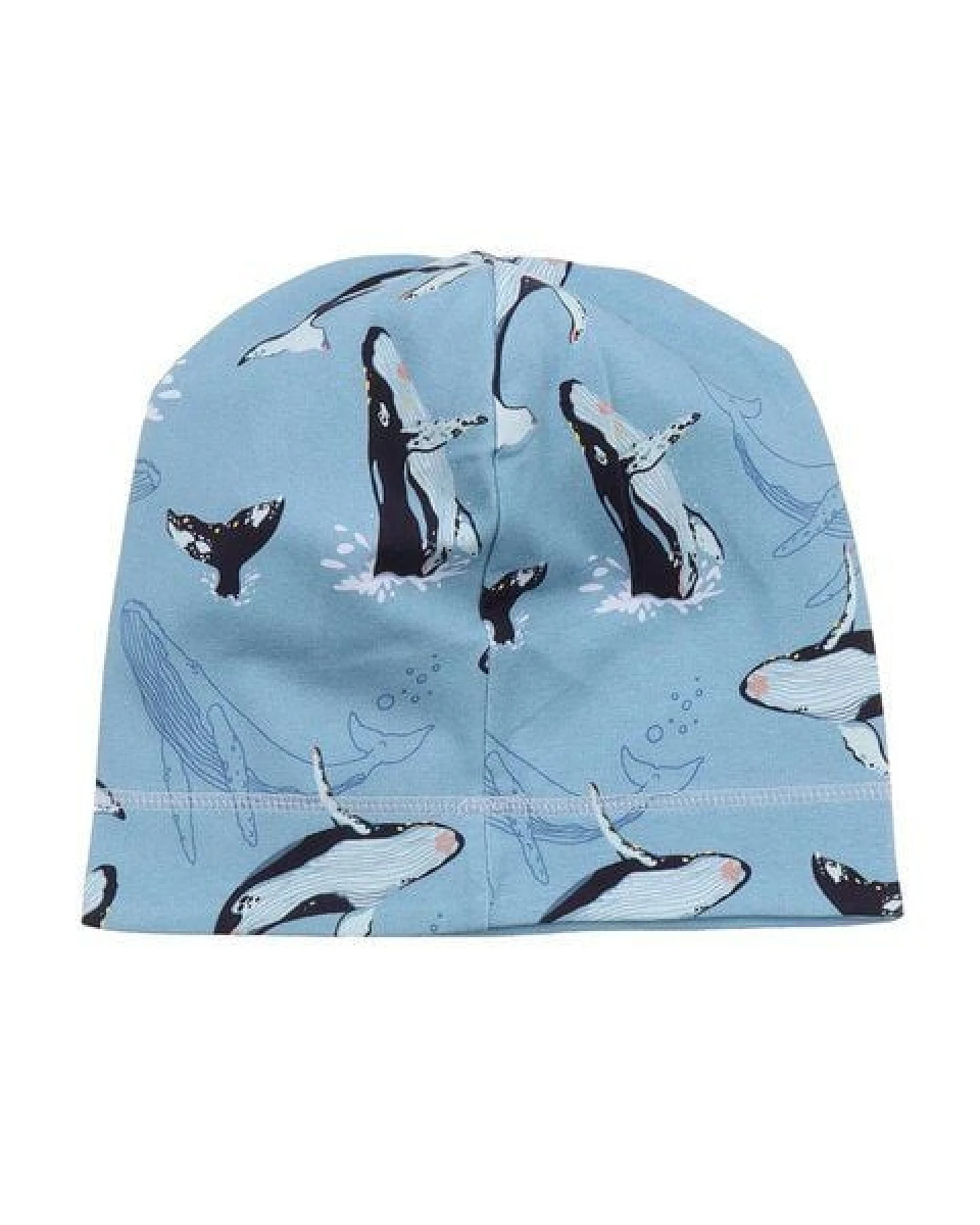 Kinder Mütze GOTS-zertifiziert aus Bio-Baumwolle, hellblau Jumping Whales, weicher Jersey, dehnbar – Walkiddy – Ansicht 4