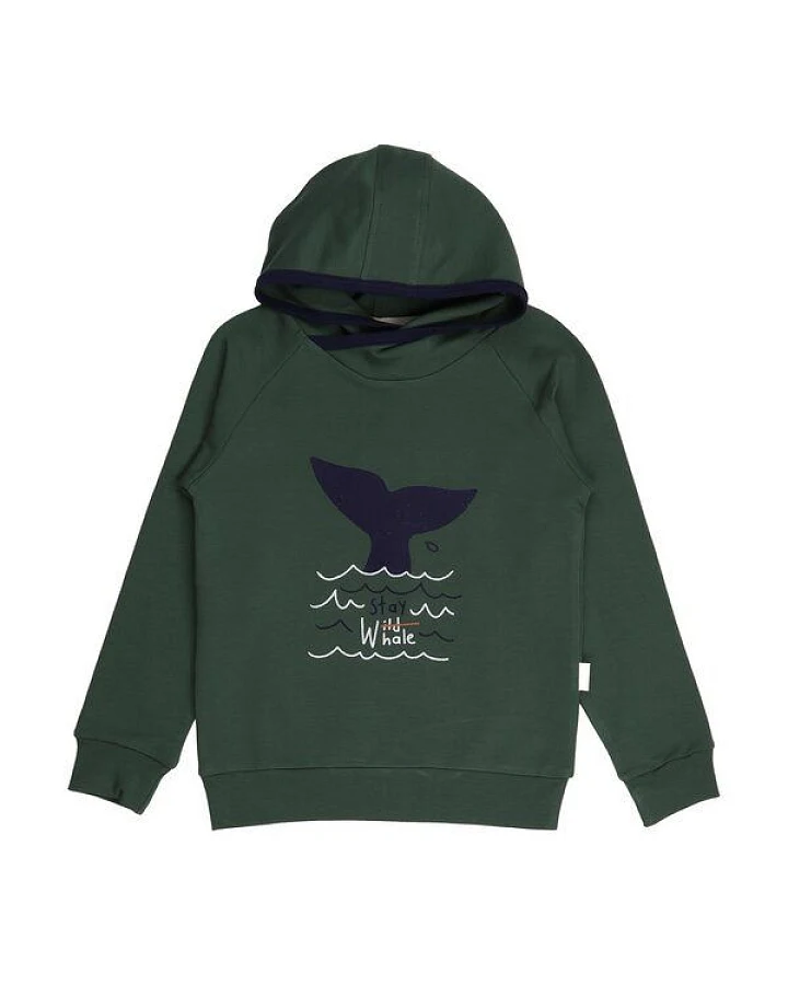 Kinder Hoodie GOTS zertifiziert, Bio-Baumwolle, dunkelgrün, Wal-Motiv, Kapuze, weich & bequem – Walkiddy