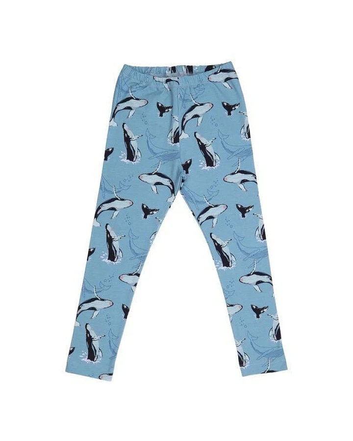 Kinder Leggings GOTS zertifiziert, Bio-Baumwolle, hellblau, Wal-Muster „Jumping Whales“, weich & elastisch – Walkiddy