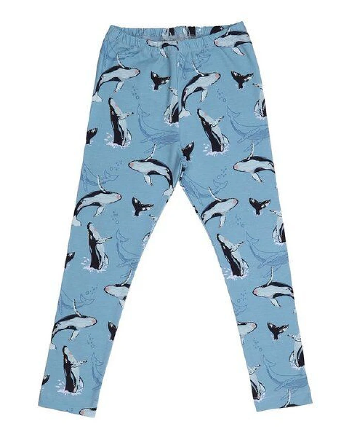 Kinder Leggings GOTS zertifiziert, Bio-Baumwolle, hellblau, Wal-Muster „Jumping Whales“, weich & elastisch – Walkiddy