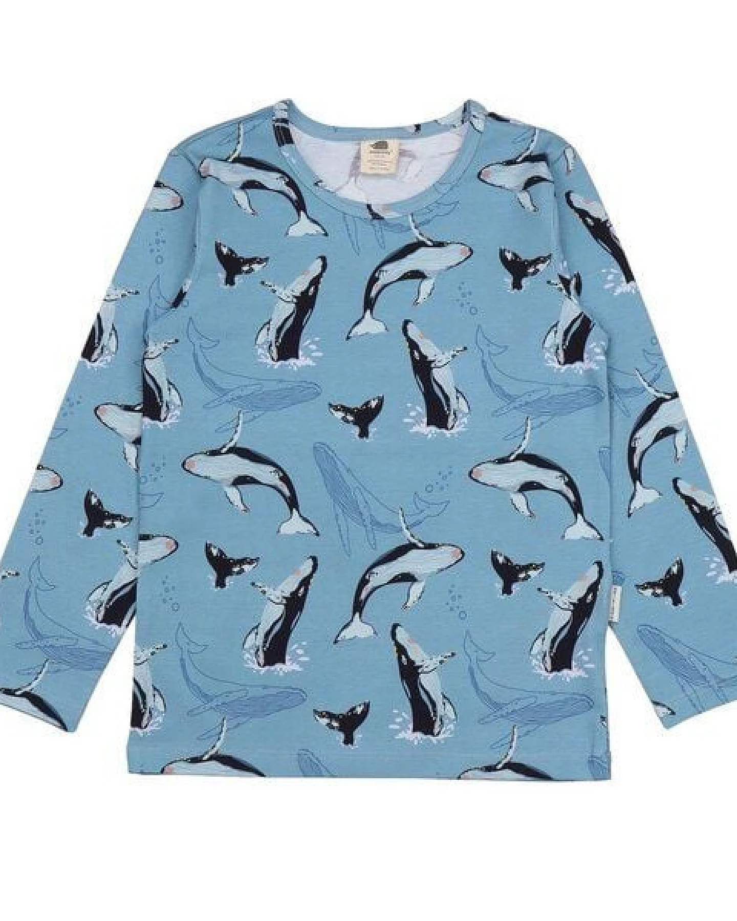 Kinder T-Shirt Bio-Baumwolle GOTS "Jumping Whales" blau – veganes, fair produziertes Walkiddy Kindershirt für empfindliche Haut, Alltag, Kita und Schule – Ansicht 3